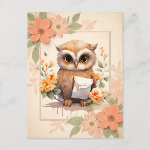 Carte Postale Chouette à aquarelle d'été - Cadre floral -