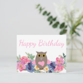 Carte Postale Chouette à cœur rose Fleurs Aquarelle Joyeux Anniv (Debout devant)