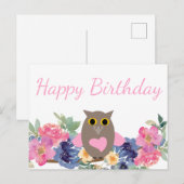Carte Postale Chouette à cœur rose Fleurs Aquarelle Joyeux Anniv (Devant / Derrière)