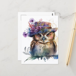 Carte Postale Chouette aquarelle adorable dans un Casquette