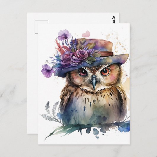 Carte Postale Chouette aquarelle adorable dans un Casquette (Devant / Derrière)