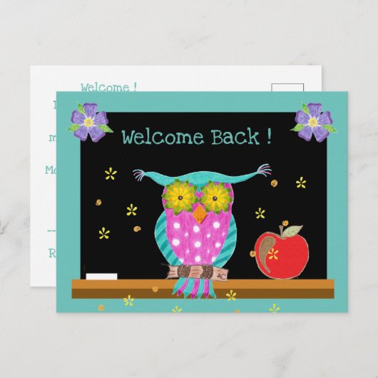 Carte Postale Chouette avec tableau noir et pomme retour à l'éco (Devant / Derrière)