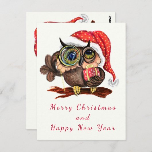 Carte Postale Chouette Bébé en Casquette et cadeau de Noël - Des (Devant / Derrière)