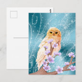 Carte Postale Chouette beige sur la branche florale violette Éti (Devant / Derrière)