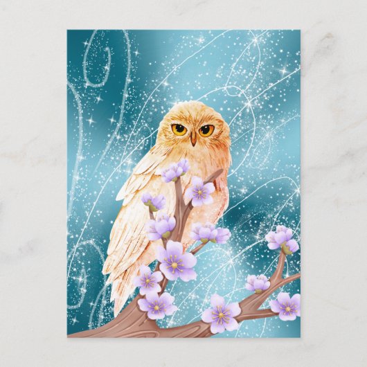 Carte Postale Chouette beige sur la branche florale violette Éti (Devant)