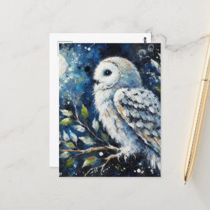 Carte Postale Chouette blanche sur branche dans la peinture lune
