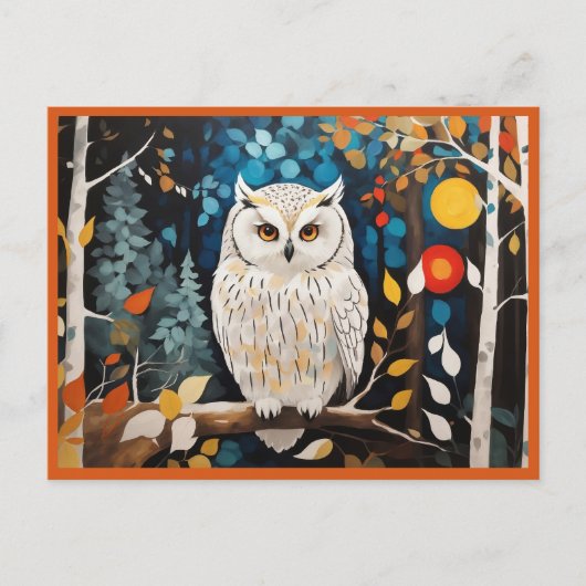 Carte Postale Chouette Blanche Whimsical Dans Une Forêt Vibrante (Devant)