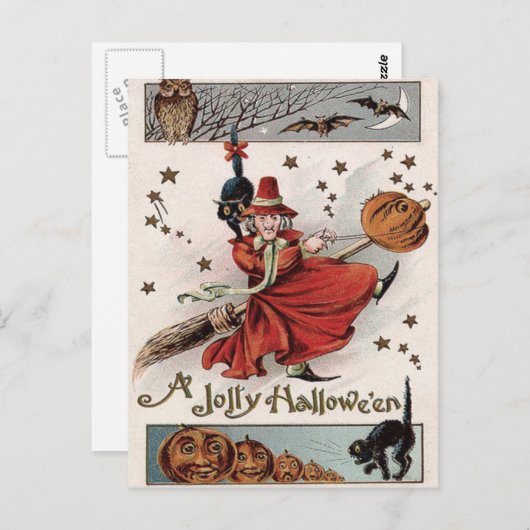 Carte Postale Chouette Chat Chat Noir de Jack-o'-lantern (Devant / Derrière)
