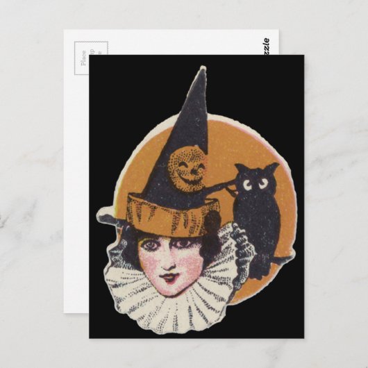 Carte Postale Chouette Citrouille Jack-o'-lantern Witch Art Déco (Devant / Derrière)