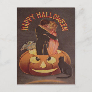 Carte Postale Chouette couple s'embrassant Citrouille Jack O Lan