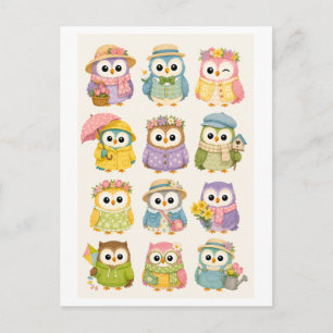 Carte Postale Chouette de dessin animé mignonne de printemps