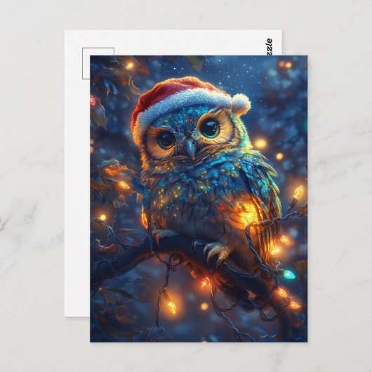 Carte Postale Chouette de Père Noël adorable et lumières (Devant / Derrière)