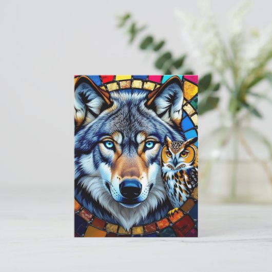 Carte Postale Chouette de style mosaïque et loup | Rester en con (Debout devant)