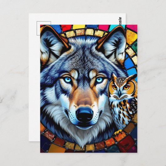 Carte Postale Chouette de style mosaïque et loup | Rester en con (Devant / Derrière)