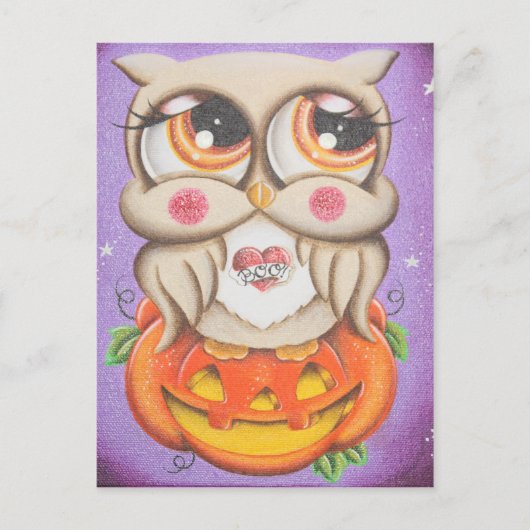 Carte Postale Chouette d'Halloween et Citrouille (Devant)