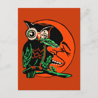 Carte Postale Chouette d'Halloween vintage chatouille la lune