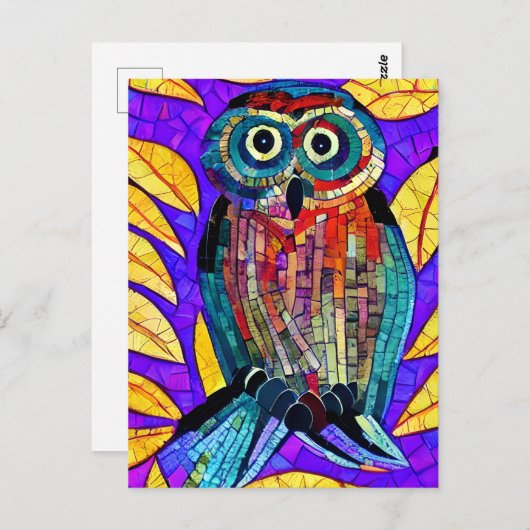 Carte Postale Chouette en mosaïque blanche colorée (Devant / Derrière)
