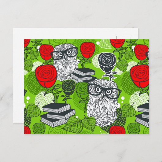 Carte Postale Chouette en roses rouges (Devant / Derrière)