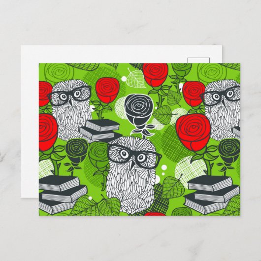 Carte Postale Chouette et roses rouges (Devant / Derrière)