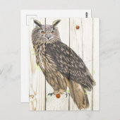 Carte Postale Chouette majestueuse sur planches de bois défraîch (Devant / Derrière)