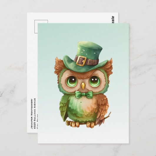 Carte Postale Chouette mignonne dans un chapeau vert (Devant / Derrière)