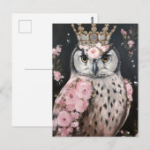 Carte Postale Chouette neige avec couronne d'or et fleurs roses (Devant / Derrière)