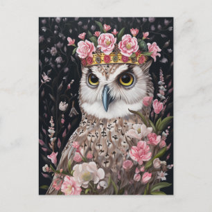 Carte Postale Chouette neigeuse avec couronne or et fleurs roses