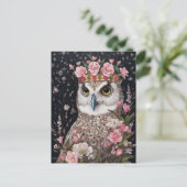 Carte Postale Chouette neigeuse avec couronne or et fleurs roses (Debout devant)