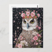 Carte Postale Chouette neigeuse avec couronne or et fleurs roses (Devant / Derrière)