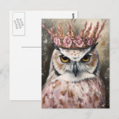 Carte Postale Chouette neigeuse dans une couronne florale rose (Devant / Derrière)