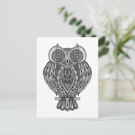 Carte Postale Chouette ornée inspirée tirée à la main (Debout devant)