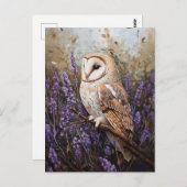 Carte Postale Chouette Perchée Parmi Les Fleurs De Lavande (Devant / Derrière)