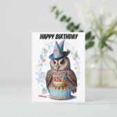 Carte Postale Chouette portant le casquette d'anniversaire debou (Debout devant)