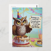 Carte Postale Chouette portant un casquette d'anniversaire debou (Devant / Derrière)