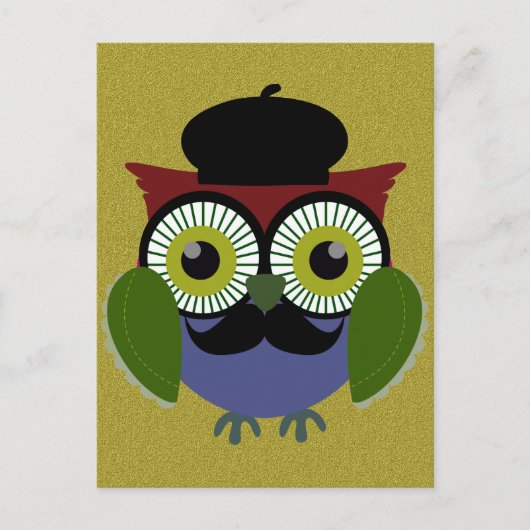 Carte Postale Chouette rétro avec Moustache (Devant)