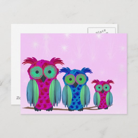 Carte Postale Chouette rose (Devant / Derrière)