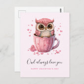 Carte Postale Chouette rose mignonne en coupe Saint-Valentin (Devant / Derrière)