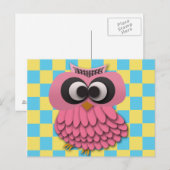 Carte Postale Chouette rose mignonne sur À damiers bleu et jaune (Devant / Derrière)