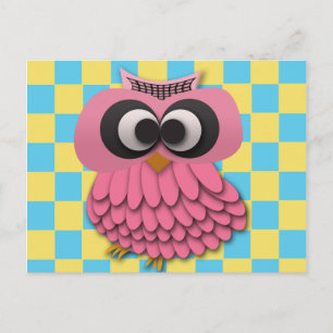 Carte Postale Chouette rose mignonne sur damier bleu et jaune