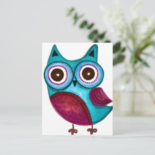 Carte Postale Chouette rustique en Turquoise et pourpre (Debout devant)