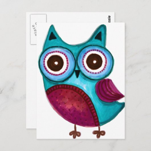 Carte Postale Chouette rustique en Turquoise et pourpre (Devant / Derrière)