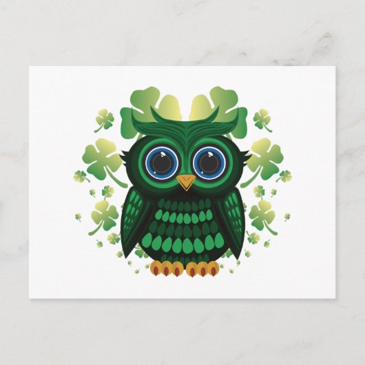 Carte Postale Chouette verte chanceuse fond blanc Saint-Patrick (Devant)