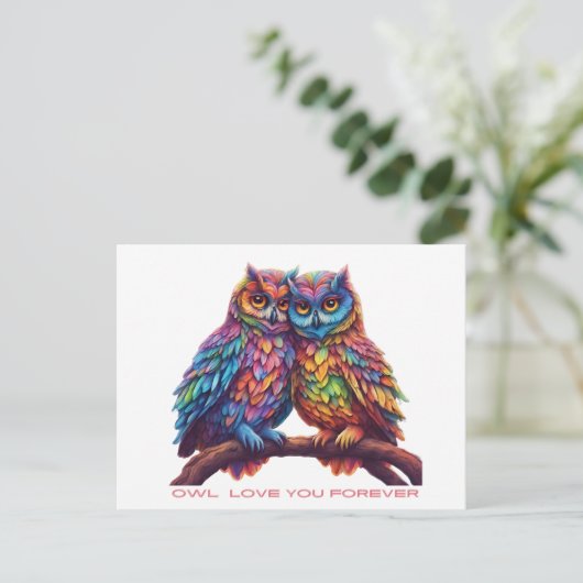 Carte Postale Chouettes colorées-Inséparables-Saint-Valentin (Debout devant)