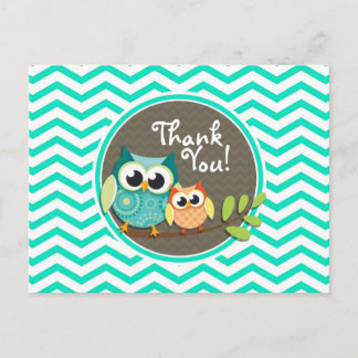 Carte Postale Chouettes mignonnes ; Aqua Green Chevron