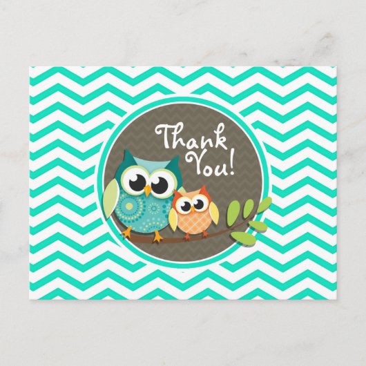 Carte Postale Chouettes mignonnes ; Aqua Green Chevron (Devant)