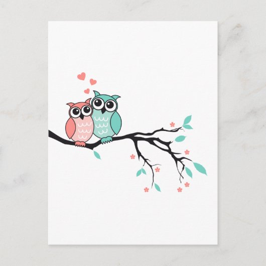 Carte Postale Chouettes mignonnes en amour sur branche d'arbre (Devant)
