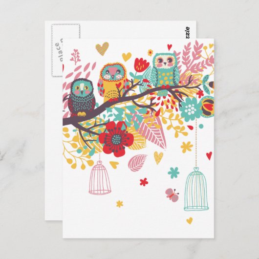 Carte Postale Chouettes mignonnes et arrière - plan à l'image fl (Devant / Derrière)