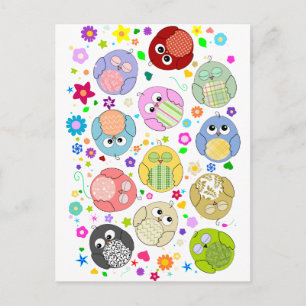 Carte Postale Chouettes mignonnes et motif de fleurs