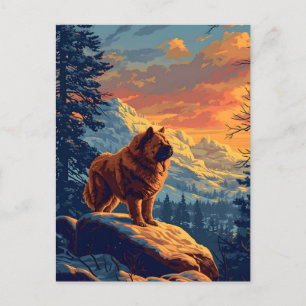 Carte Postale Chow Chow dans les montagnes enneigées au coucher