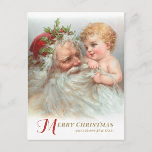 Carte Postale Christmas Baby jouer avec Père Noël à la barbe CC1